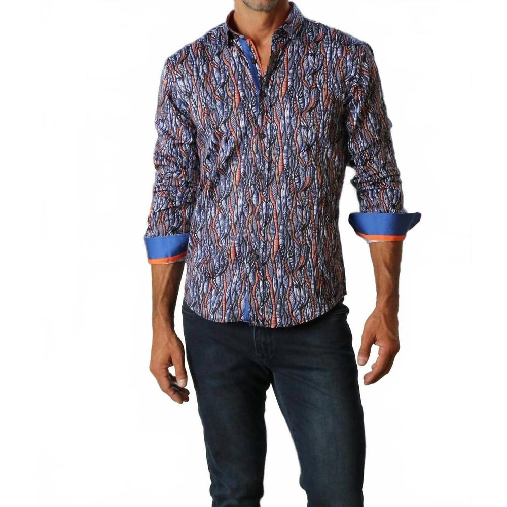 NEW EIGHT X currents print button down shirt with trim in blue